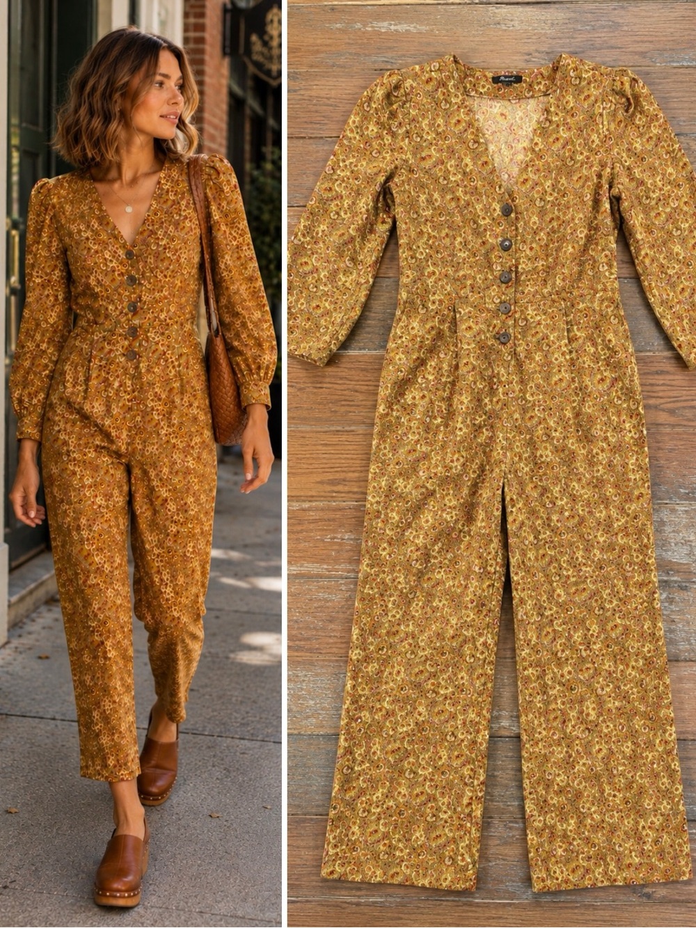 Madewell Corduroy Puff-Sleeve Jumpsuit Mumbai Floral 70s Boho Sz 8 💛🍄